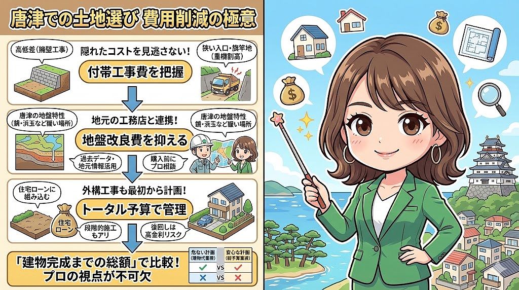 唐津での土地選びで費用を抑えるコツはある？付帯工事を減らしてトータル削減