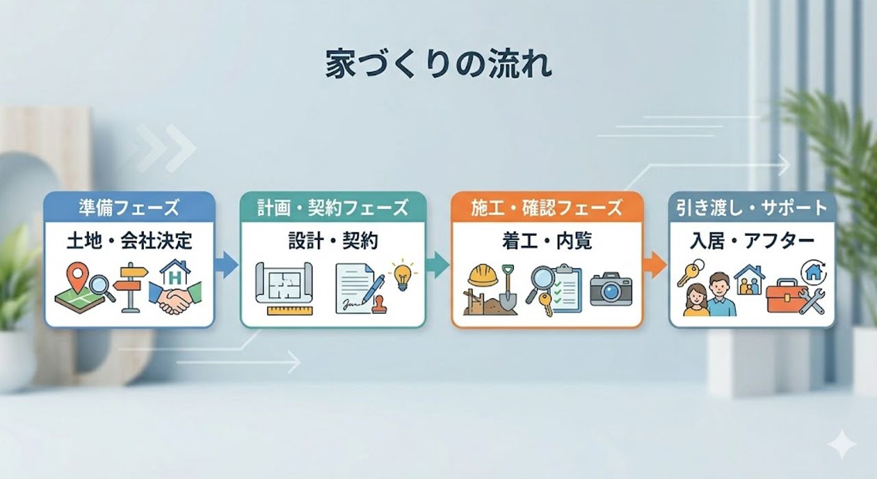 唐津 注文住宅の家づくり全体プロセス 9ステップのフローチャート
